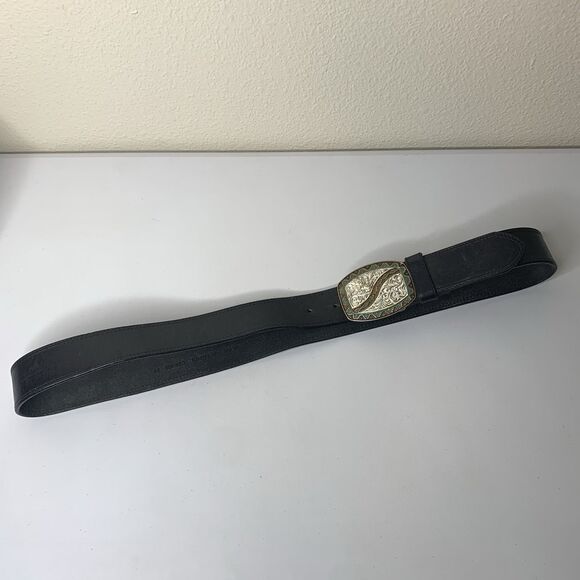 CRUMRINE Western Etched Design Heavy Silver Plated Belt Buckle Black Cowhide - Picture 3 of 6